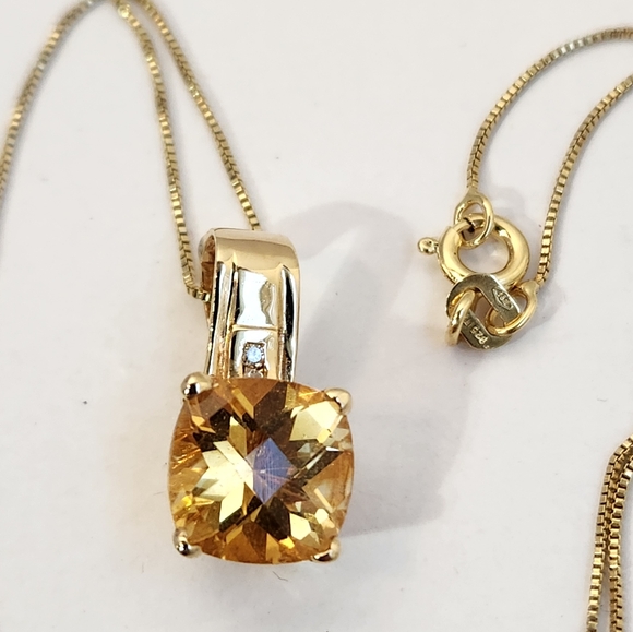 VTG Estate Older 14K Solid Gold Citrine & Diamond Open Bail Pendant & Chain - Picture 2 of 13